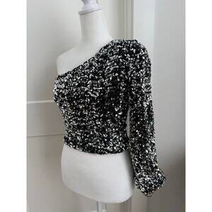 Mi Ami‎ One Shoulder Long sleeve Sequin Blouse Silver Metallic Side Zip Small